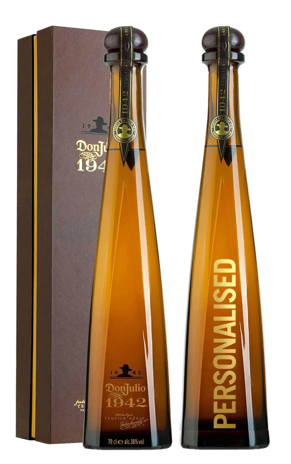 Elegant Don Julio 1942 tequila bottle, showcasing its unique agave-leaf design and luxurious golden amber hue, symbolizing premium quality and the rich heritage of the Don Julio brand. 